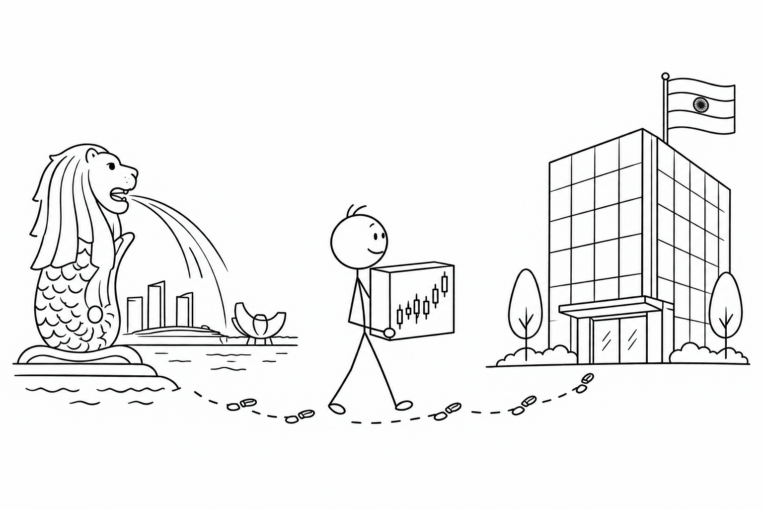 Stick figure carrying a chart box from the Merlion to a GIFT City building